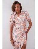 Floral print wrap dress with collar, light orange FG638 - Online store - Boutique